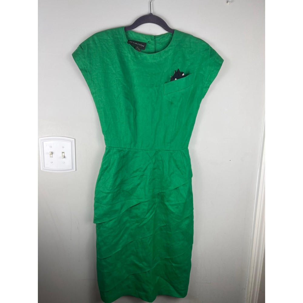 St Gillian Green 100% Linen Vintage Dress Size 4 Sleeveless Korean Midi Retro80